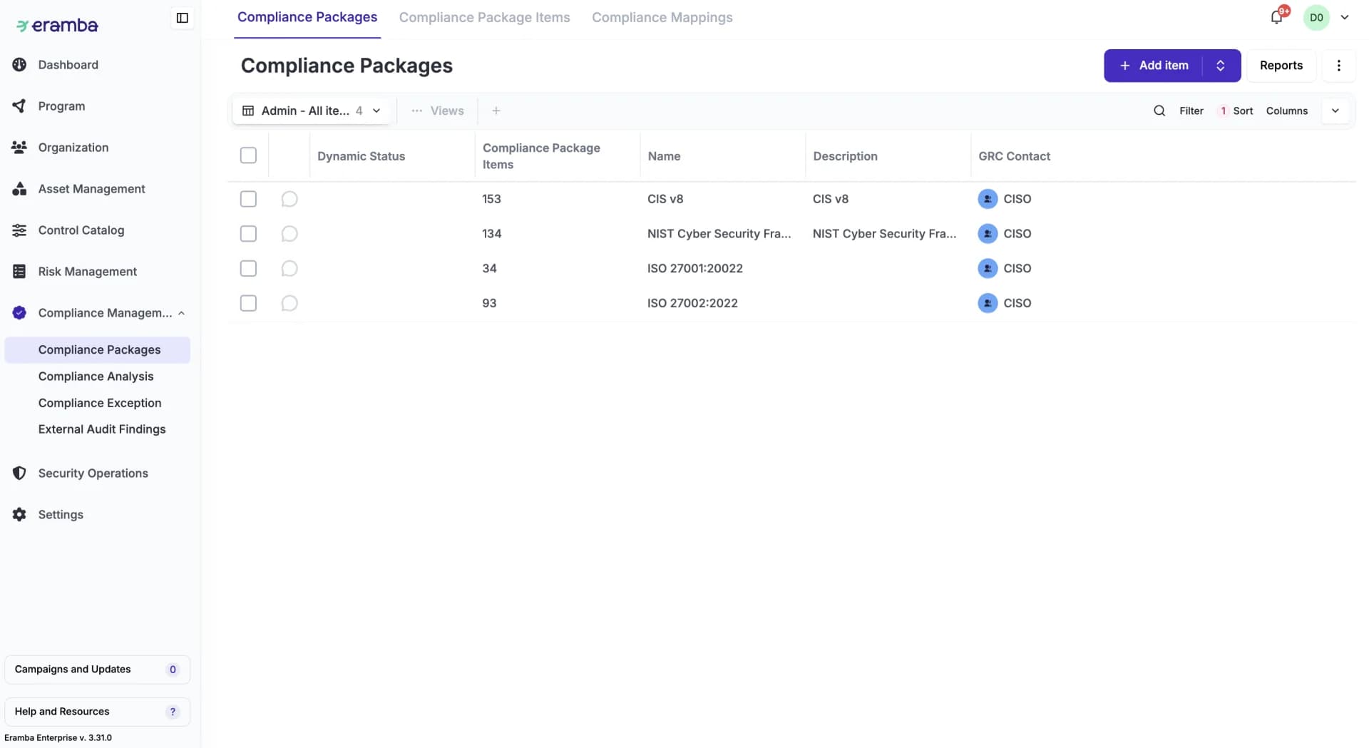 Compliance packages in eramba